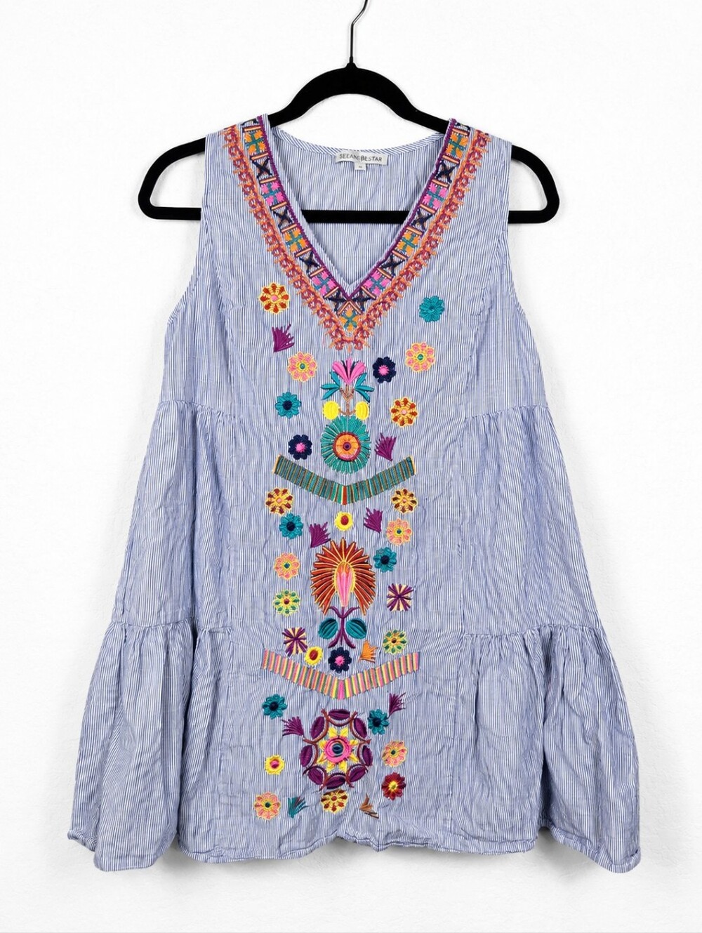 See and Be Seen Embroidered Boho Cotton Mini Dress Tunic Striped Small